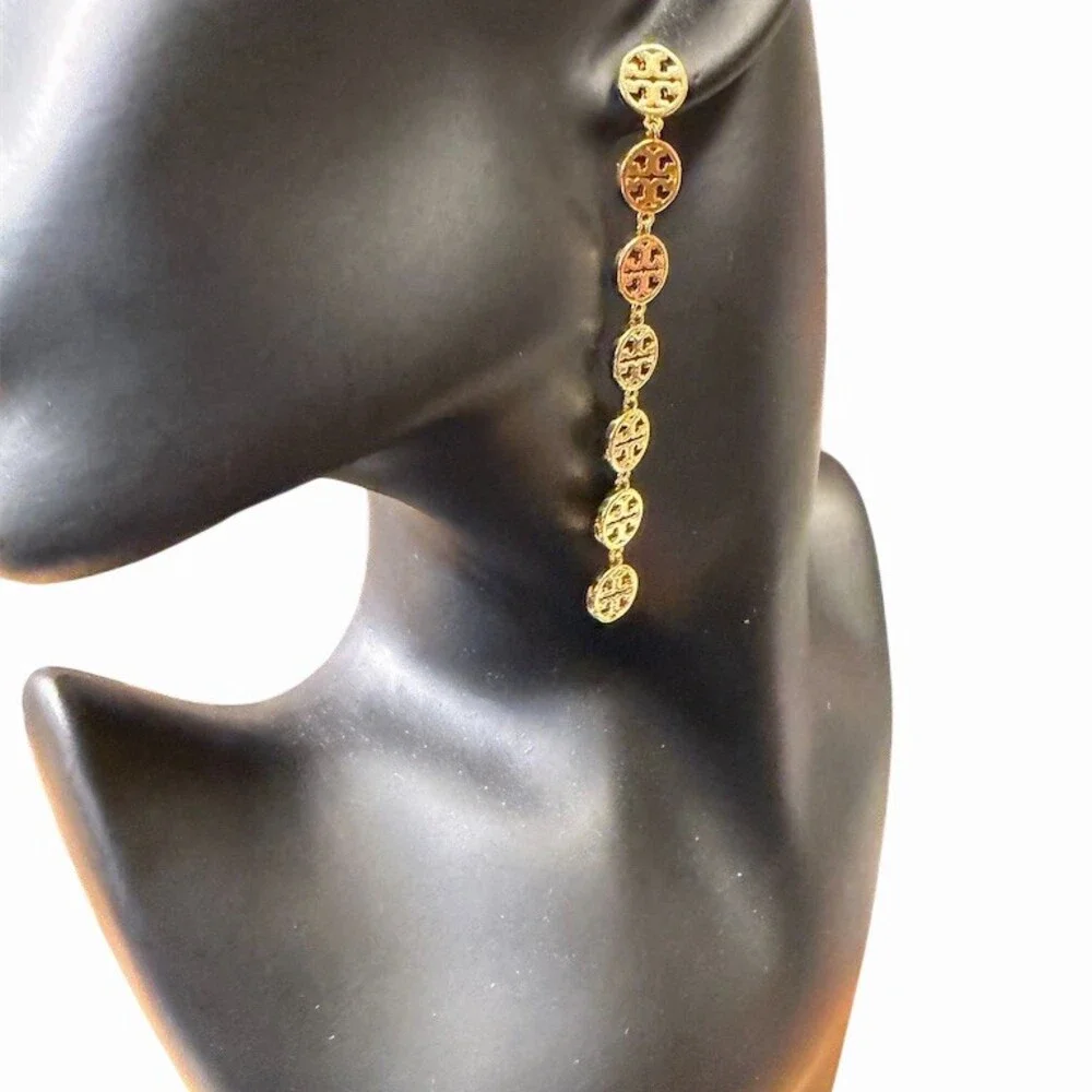 Tory Burch Earrings Gold Logo Linked Disc Linear Drop Dangle Statement
